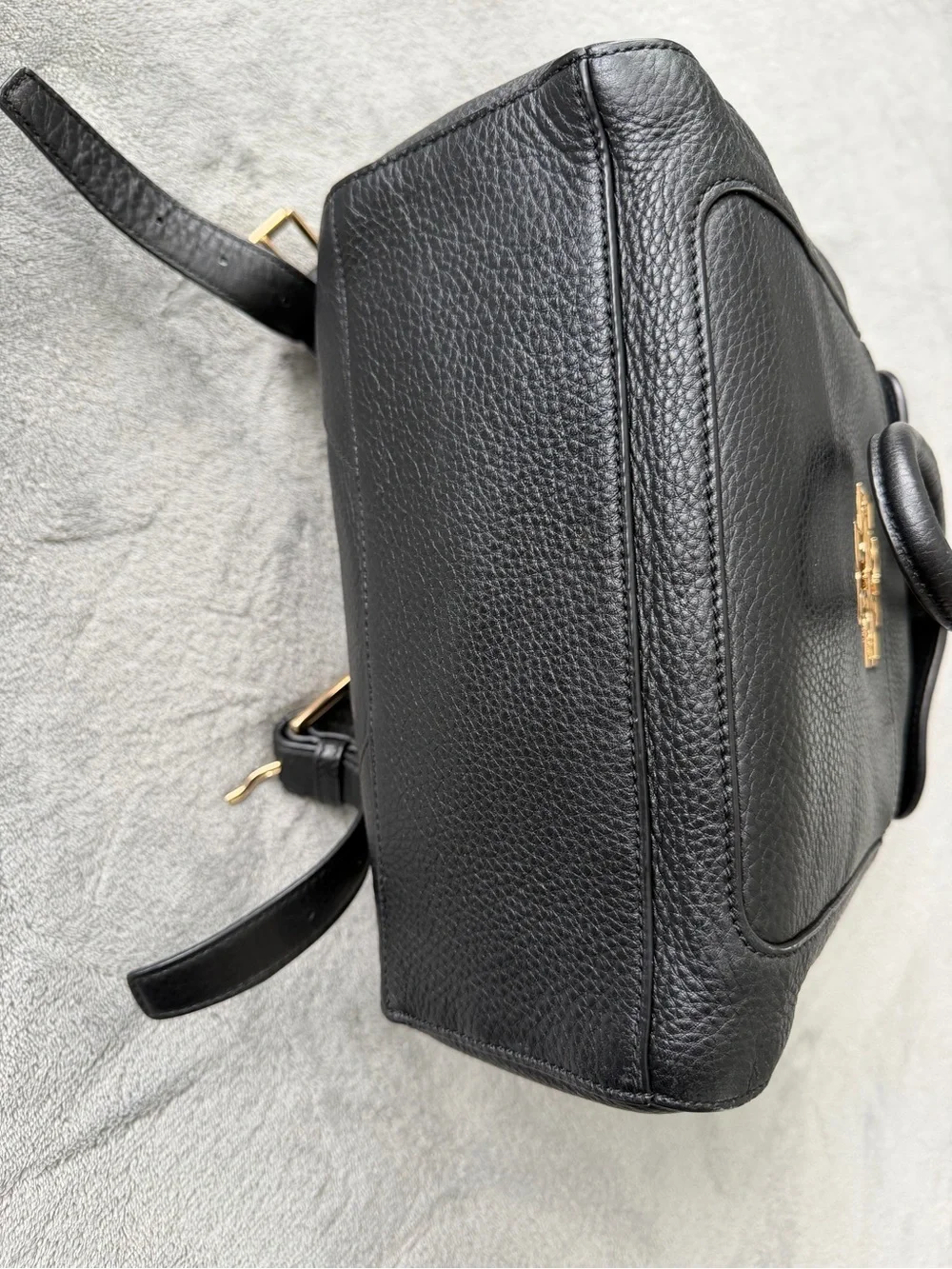Tory Burch Black Pebbled Leather Logo Drawstring Backpack with Gold Hardware